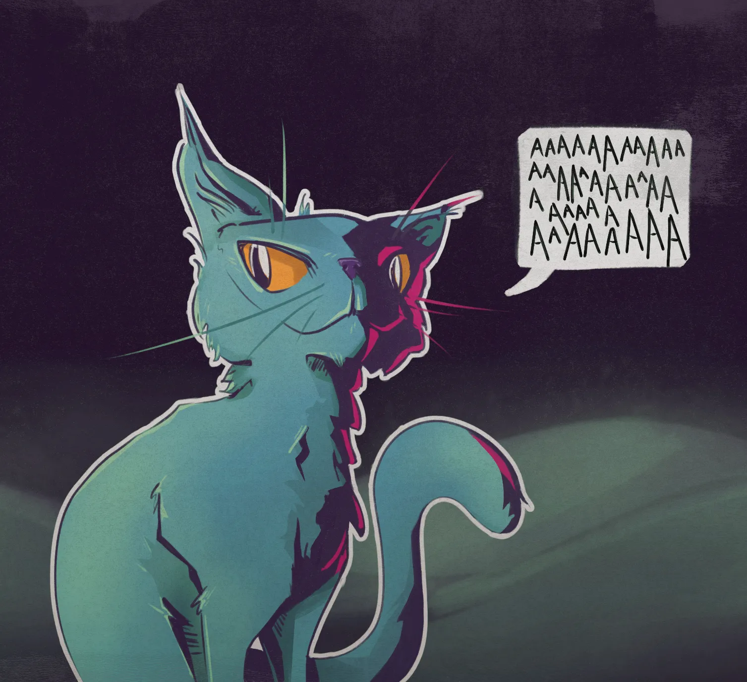 An illustration of a blue cat going 'AAaaa'